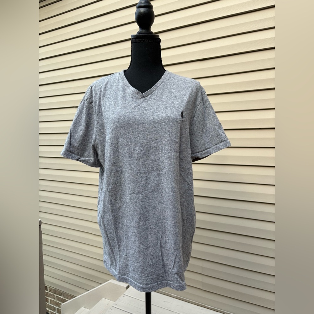 Polo Ralph Lauren Shirt Mens XL Gray V Neck Custom Slim Fit Short Sleeve Bl Pony